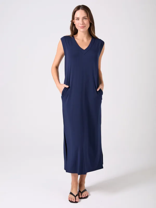 Everly V Neck Maxi  Dress - Navy sold by Dharma Bums