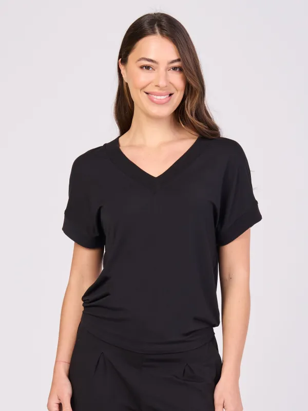 Simone V  Neck Top- Black sold by Dharma Bums