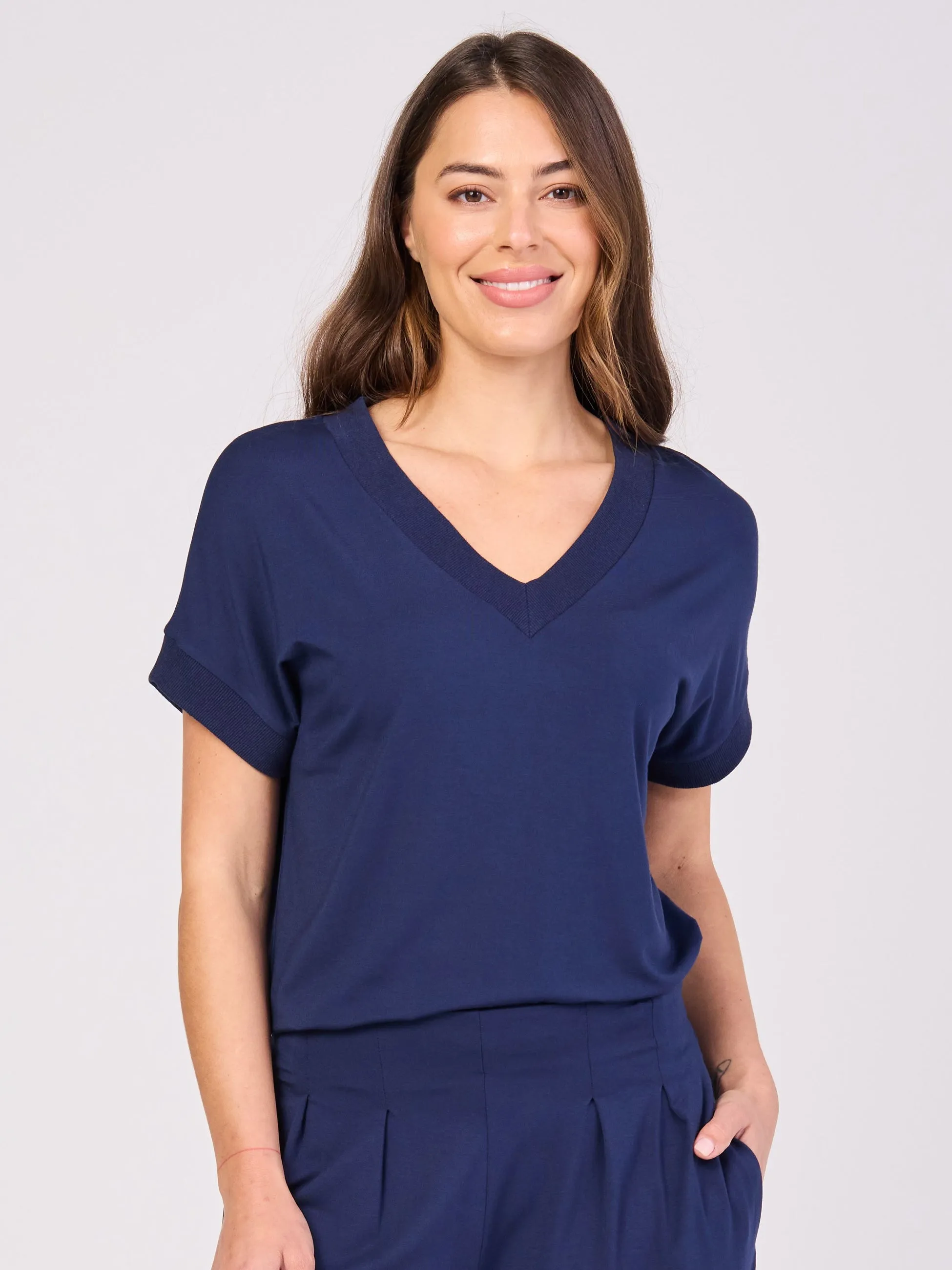 Simone V Neck Top- Navy sold by Dharma Bums