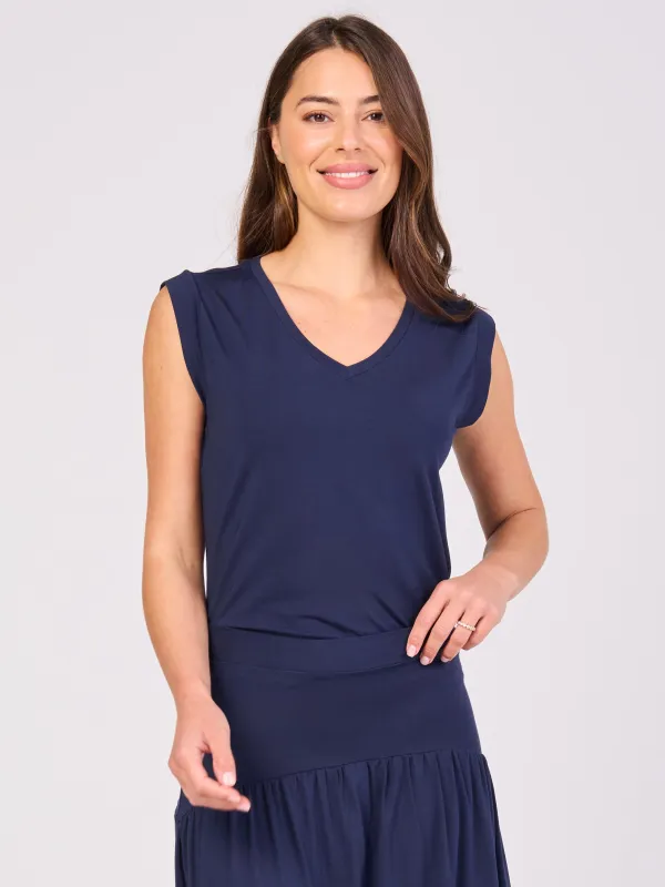 V Neck Modal Cap Sleeve Tee - Navy sold by Dharma Bums