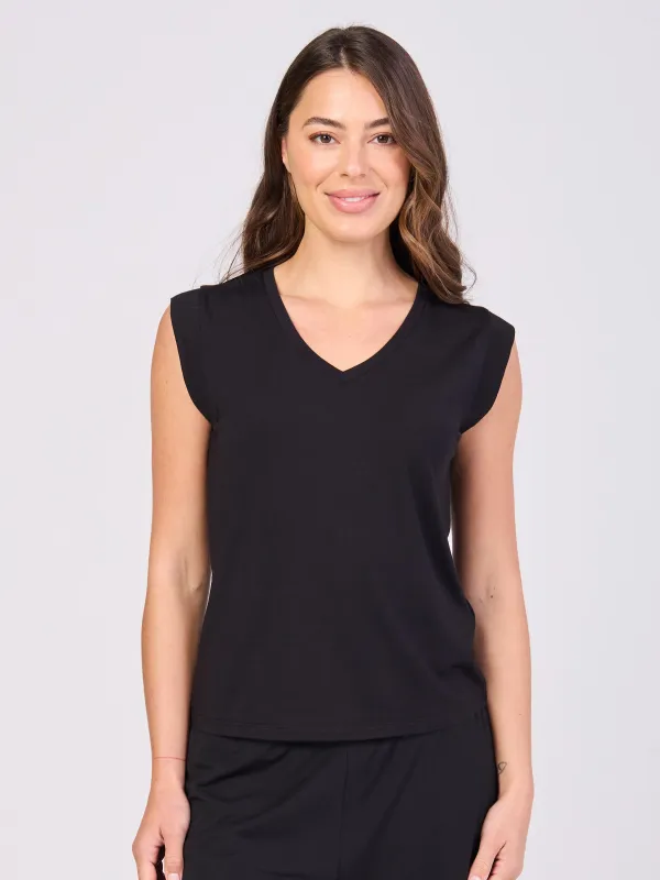 V Neck Modal Cap Sleeve Tee - Black sold by Dharma Bums