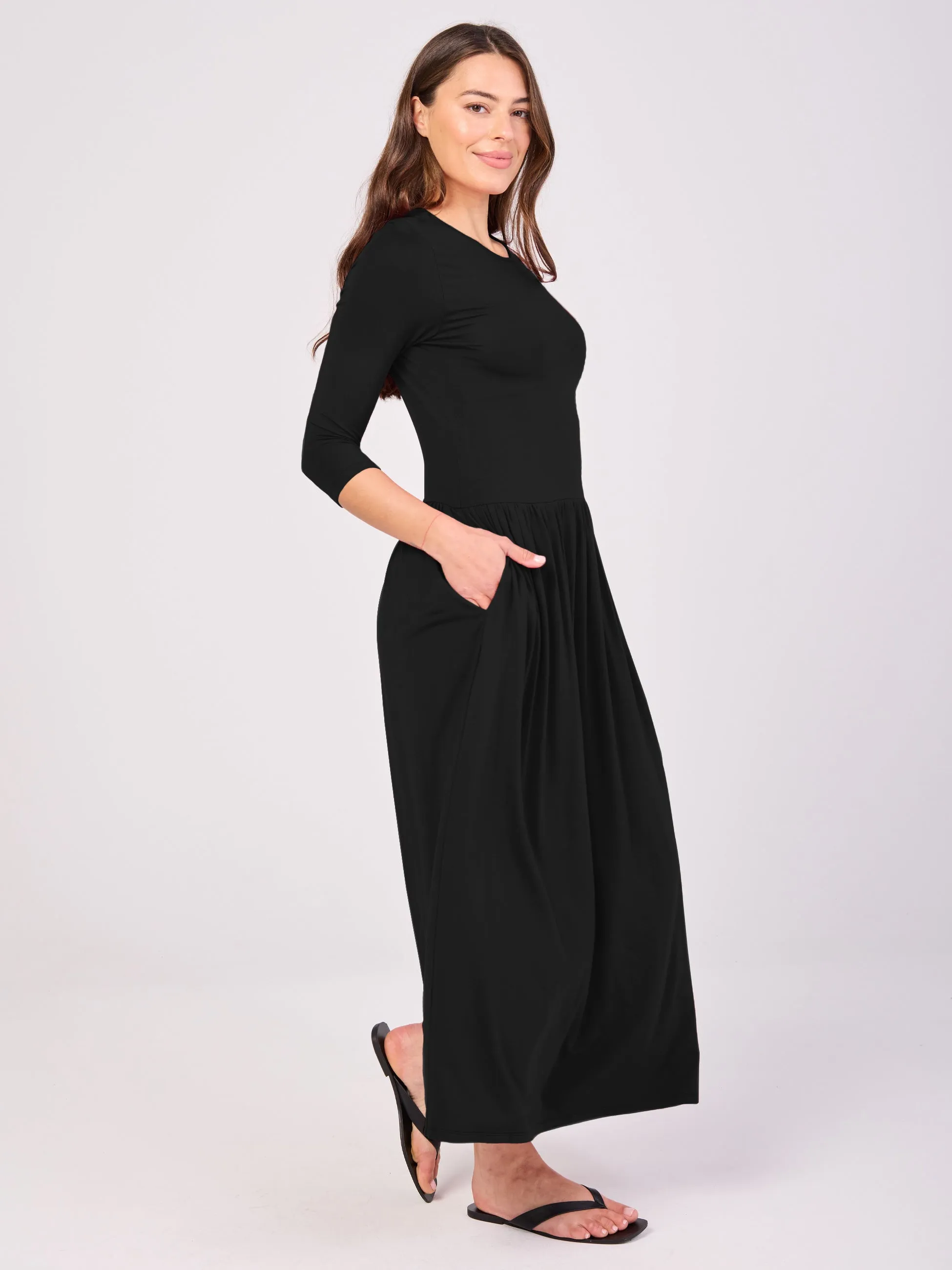 7/8 Sleeve Essential Maxi Dress Black sold by Dharma Bums