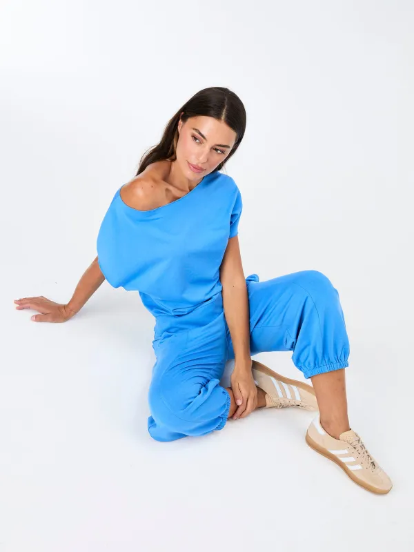 French Terry Short Sleeve Off Shoulder Sweatshirt  - Cobalt made by Dharma Bums