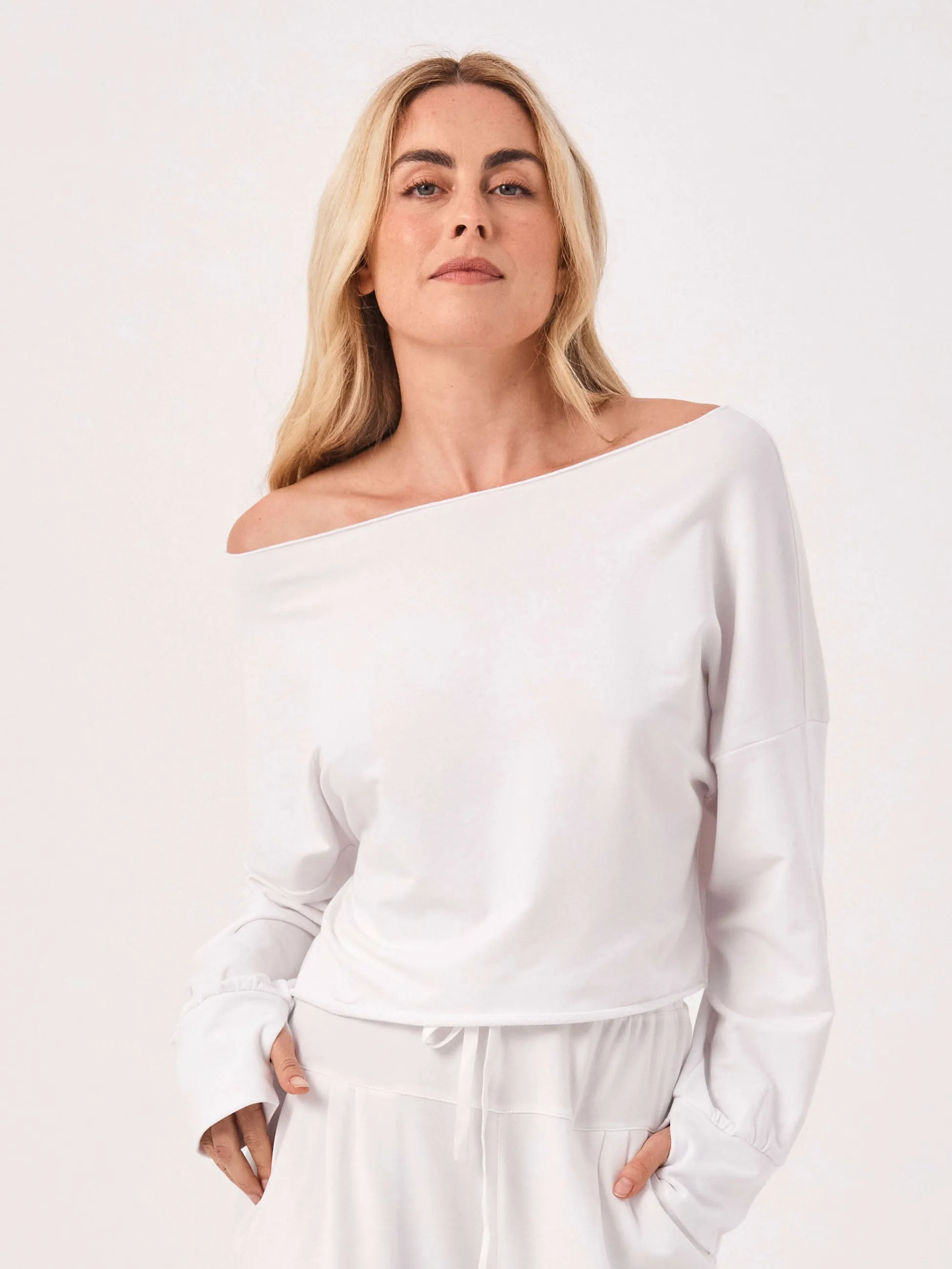 Off Shoulder Raw Edge Sweat - White sold by Dharma Bums