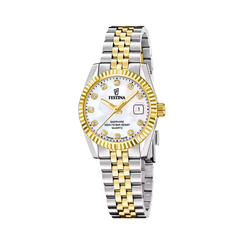 Swiss Made Festina Dameklokke 29mm m/ Safirglass, Perlemorskive og Stener - F20088-1 made by Diamanthuset