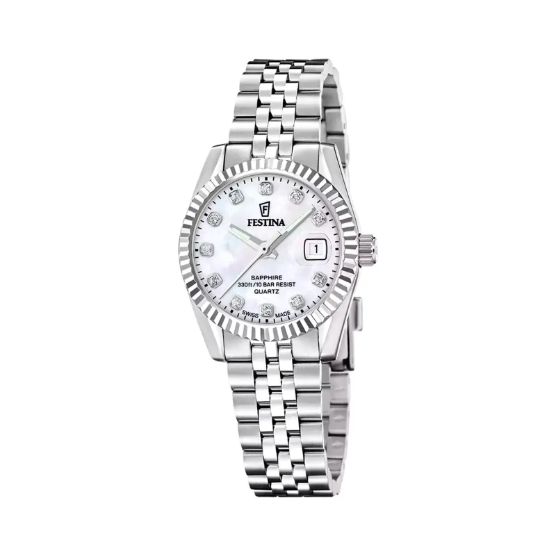 Swiss Made Festina Dameklokke 29mm m/ Safirglass, Perlemorskive og Stener - F20087-1 made by Diamanthuset