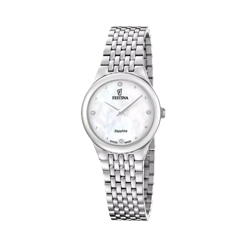 Swiss Made Festina Dameklokke 29mm m/ Safirglass, Perlemorskive og Stener - F20096-1 made by Diamanthuset