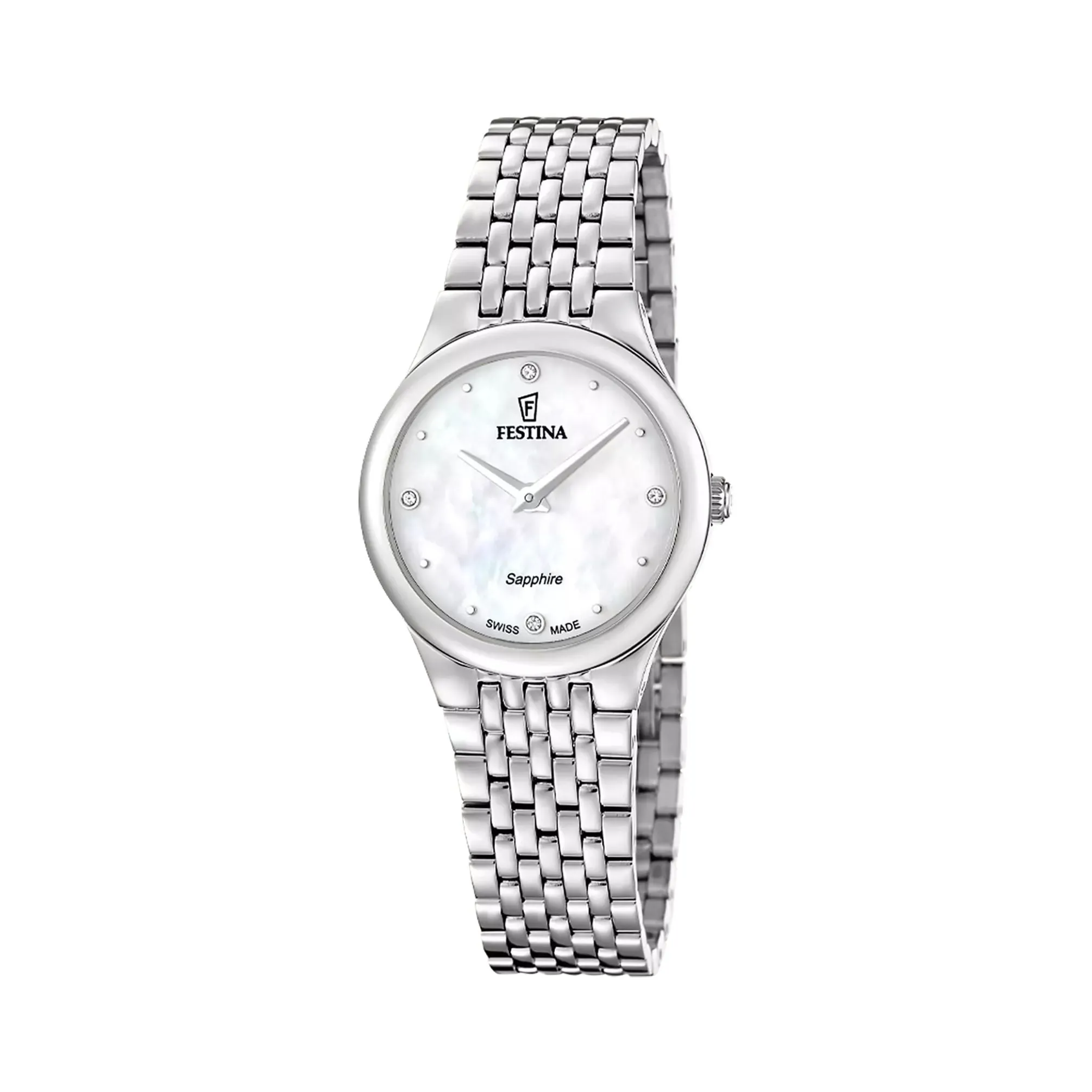Swiss Made Festina Dameklokke 29mm m/ Safirglass, Perlemorskive og Stener - F20096-1 sold by Diamanthuset