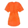 Kimono i blodappelsin farve #Breeze med fjerprint i guld - OneSize sold by Dropps by Szhirley