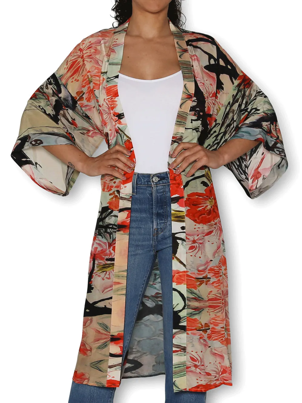 THE ARTISTS LABEL CHERRY TREE LONG SILK KIMONO sold by ENNI