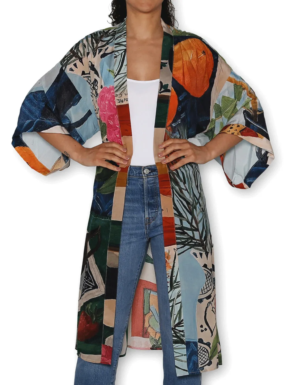 THE ARTISTS LABEL A SLICE OF LIFE ON BLUE LONG SILK KIMONO sold by ENNI