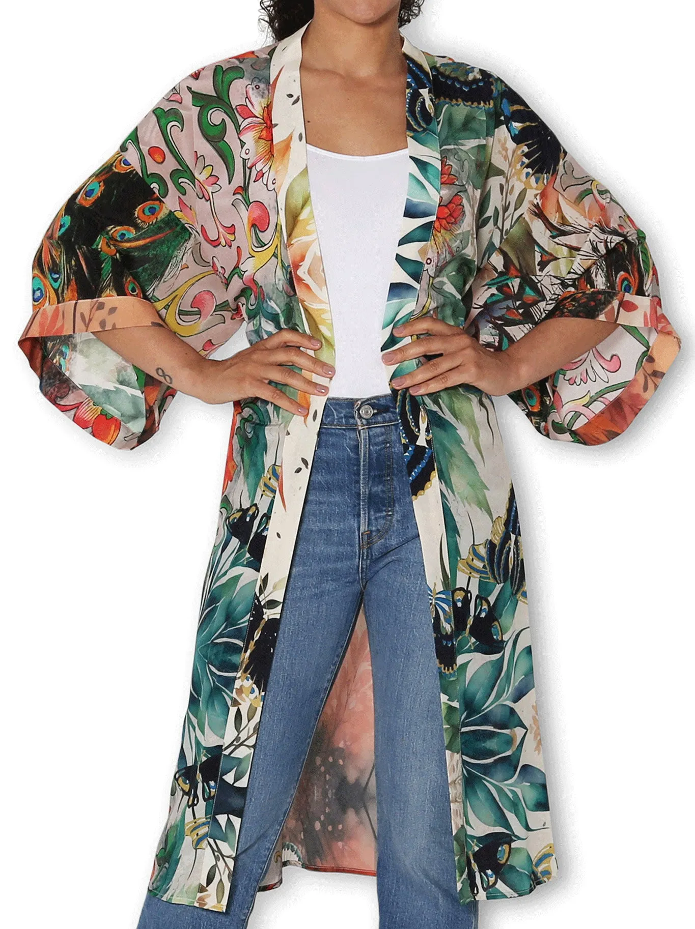 THE ARTISTS LABEL SPLENDOUR OF THE PEACOCK SILK LONG KIMONO sold by ENNI