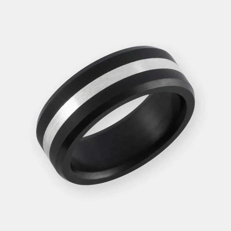 ARES 8mm - Size 10 Comfort Fit- Matte Finish Silver Inlay - SHIPS WITHIN 2 BUSINESS DAYS sold by Elysium Black Diamond