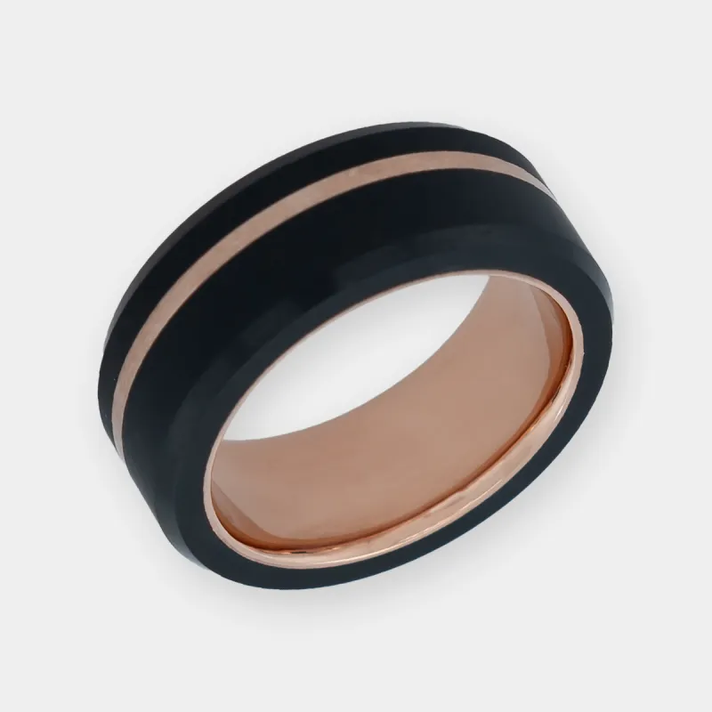 ARES 8mm - Size 7.5 - Matte Finish - 14k Rose Gold Sleeve with Rose Gold Offset Inlay - SHIPS WITHIN 2 BUSINESS DAYS sold by Elysium Black Diamond