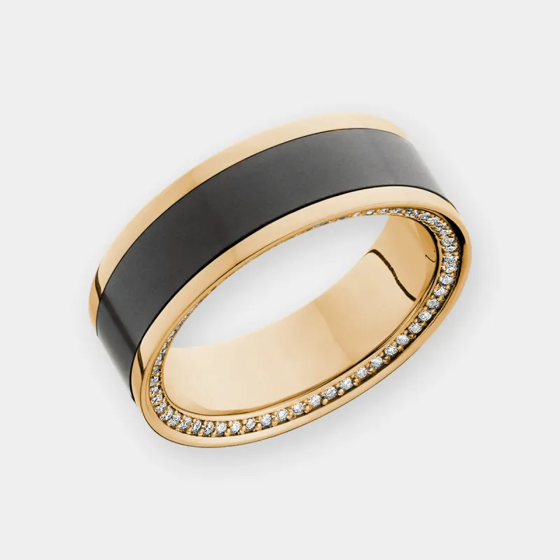 Black Diamond - Men’s Ring 8mm - Yellow Gold Band w Black Diamond inlay and Diamond Insets - ZEUS - Elysium Black Diamond sold by Elysium Black Diamond