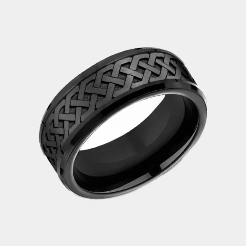 Men's Wedding Band | The Adare | Titanium with Celtic Knot Pattern | Elysium sold by Elysium Black Diamond