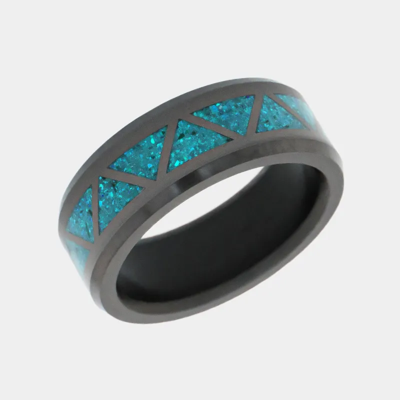 Black Diamond - Men’s Ring 8mm - Blue Opal Triangle Pattern Inlay - ARES - Elysium Black Diamond sold by Elysium Black Diamond