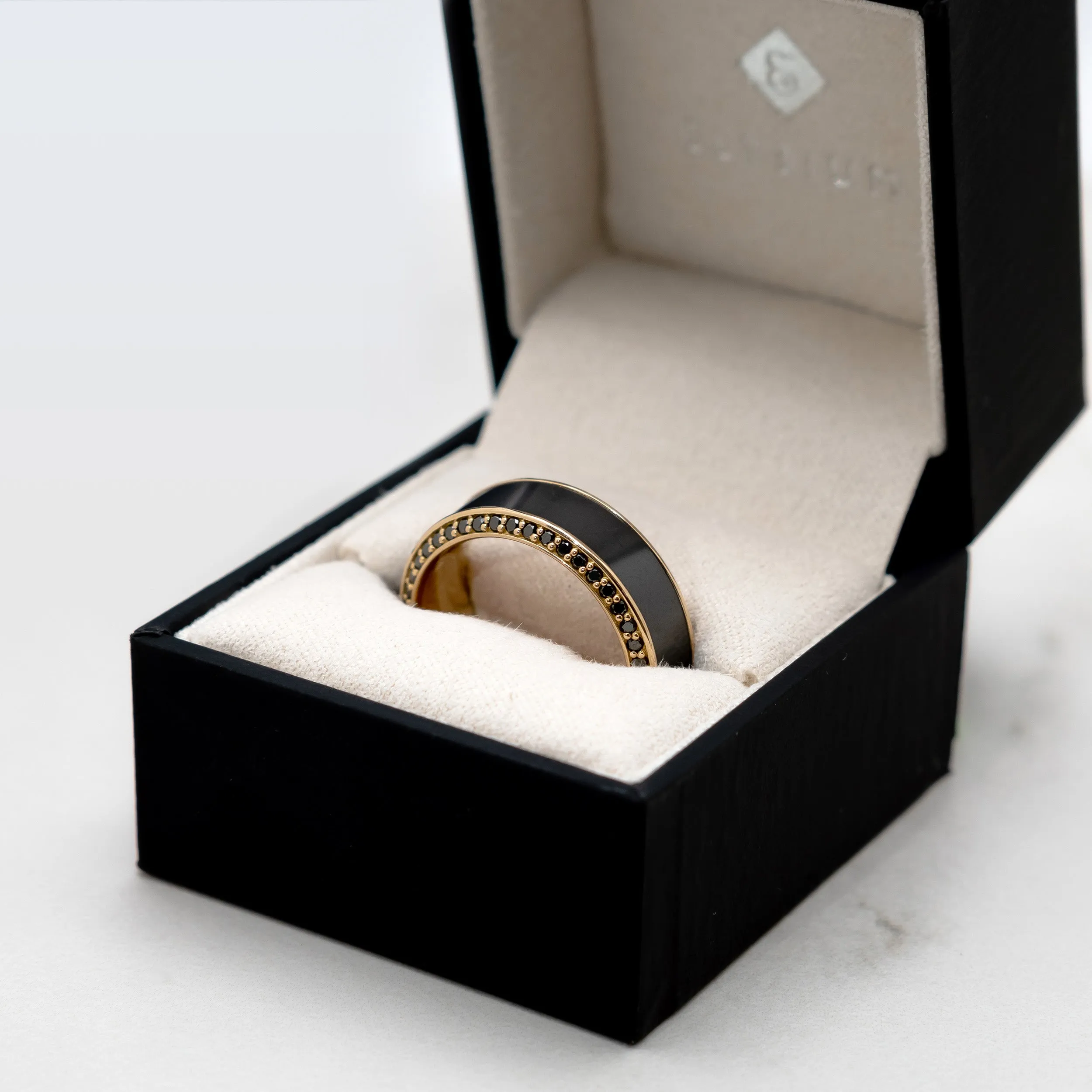 Black Diamond - Men’s Ring 8mm - Yellow Gold Band w Black Diamond inlay and Diamond Insets - HELIOS - Elysium Black Diamond sold by Elysium Black Diamond product image thumbnail 4