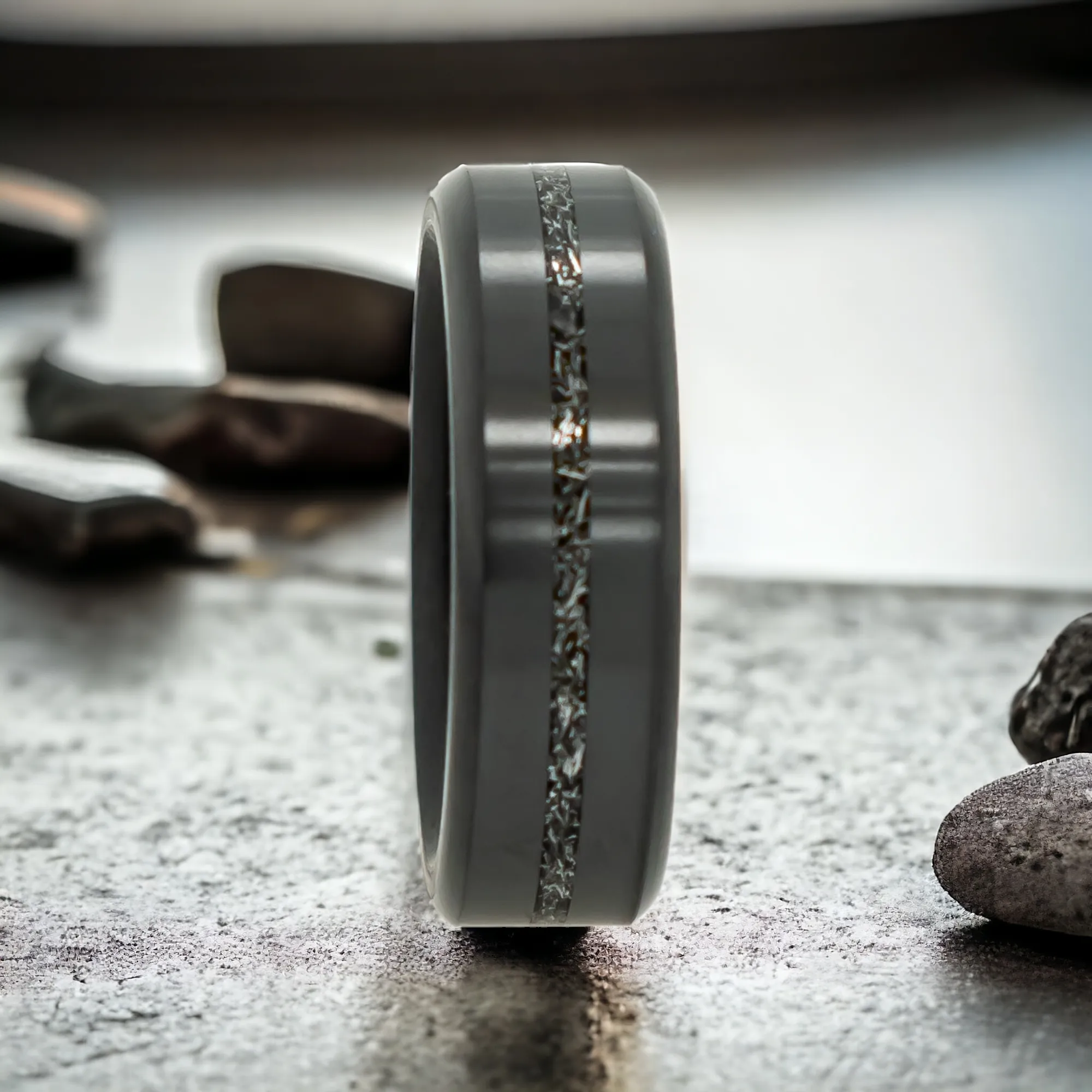 ARES 7mm - Size 10.5 - Polished Authentic Muonionalausta Meteorite Inlay - SHIPS WITHIN 2 BUSINESS DAYS sold by Elysium Black Diamond product image thumbnail 4