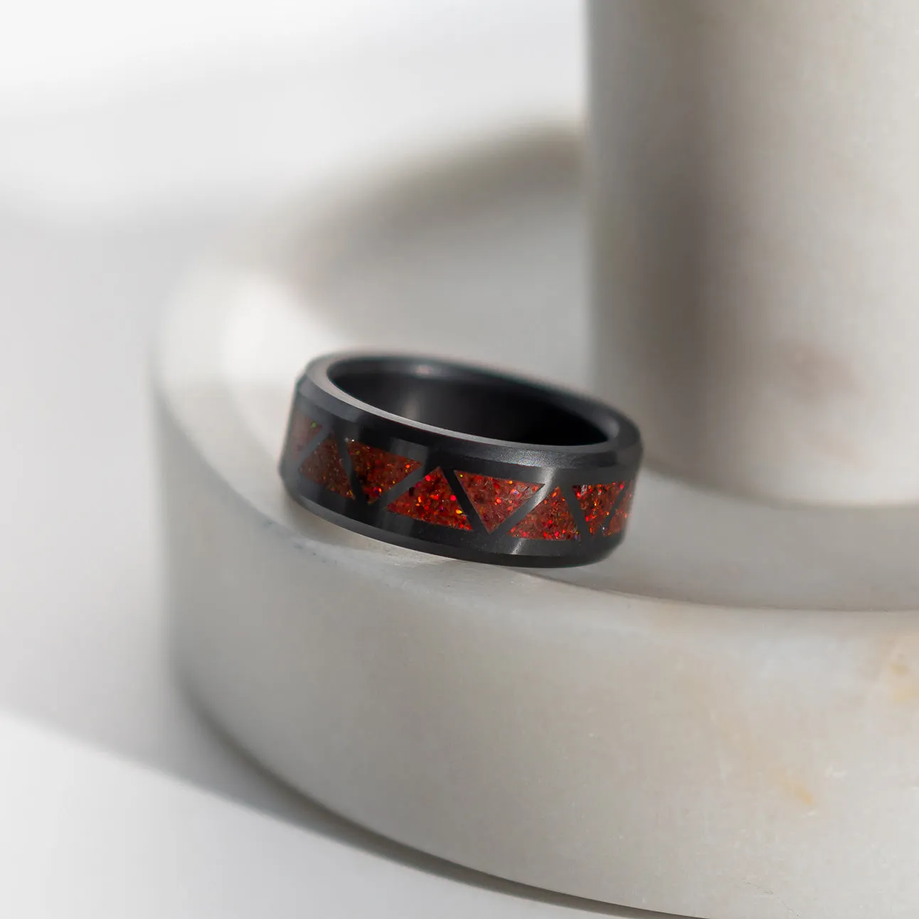 Black Diamond - Men’s Ring 8mm - Red Opal Triangle Pattern Inlay - ARES - Elysium Black Diamond sold by Elysium Black Diamond product image thumbnail 5