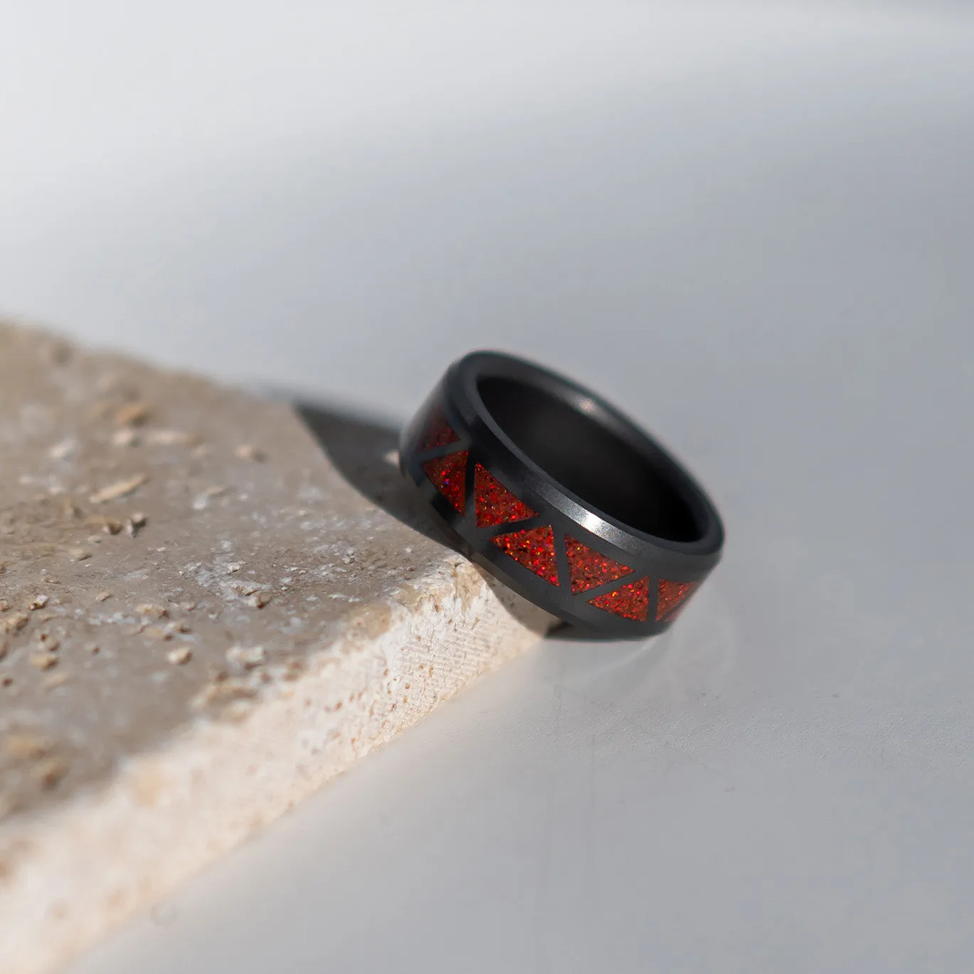 Black Diamond - Men’s Ring 8mm - Red Opal Triangle Pattern Inlay - ARES - Elysium Black Diamond sold by Elysium Black Diamond product image thumbnail 3