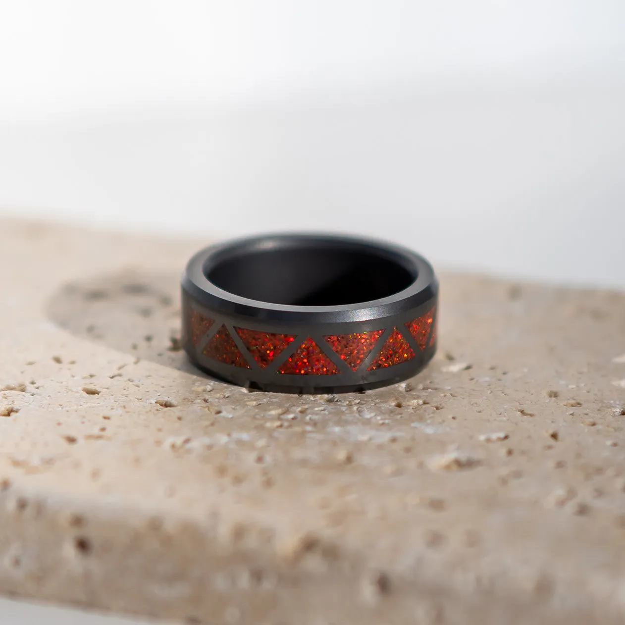 Black Diamond - Men’s Ring 8mm - Red Opal Triangle Pattern Inlay - ARES - Elysium Black Diamond sold by Elysium Black Diamond product image thumbnail 4