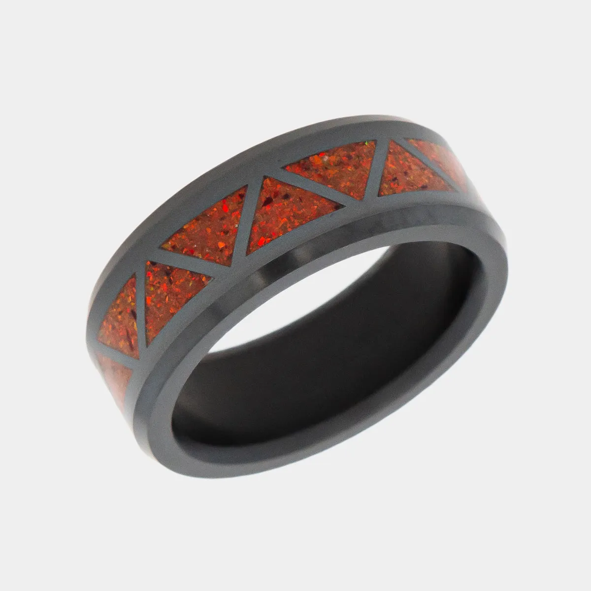 Black Diamond - Men’s Ring 8mm - Red Opal Triangle Pattern Inlay - ARES - Elysium Black Diamond sold by Elysium Black Diamond