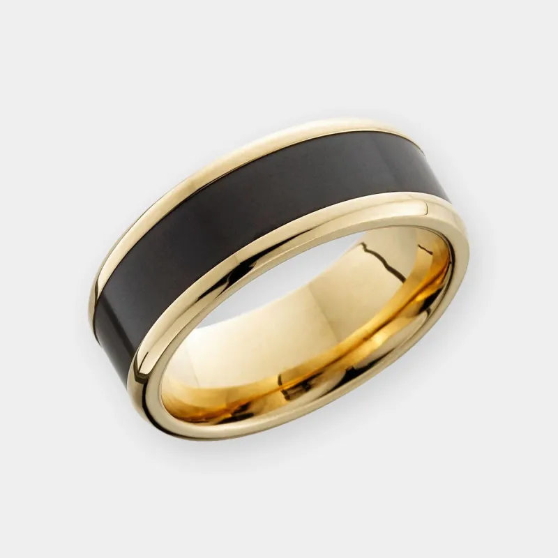IMPERIUM ARES 8mm - Size 12.5 - Polish Finish 14K Yellow Gold w/ Black Diamond Inlay - SHIPS WITHIN 2 BUSINESS DAYS sold by Elysium Black Diamond
