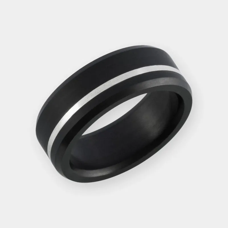 Black Diamond - Men’s Ring 8mm - Offset Inlay Silver - ARES - Elysium Black Diamond sold by Elysium Black Diamond