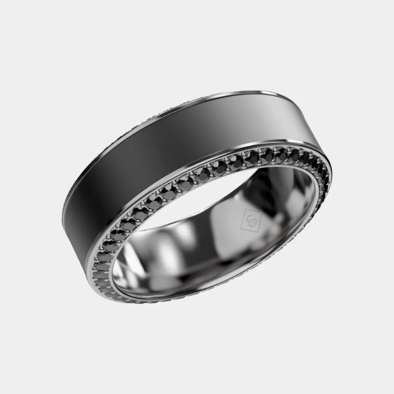 Black Diamond - Men’s Ring 8mm - Platinum Band w Black Diamond inlay and Diamond Insets - HELIOS - Elysium Black Diamond sold by Elysium Black Diamond