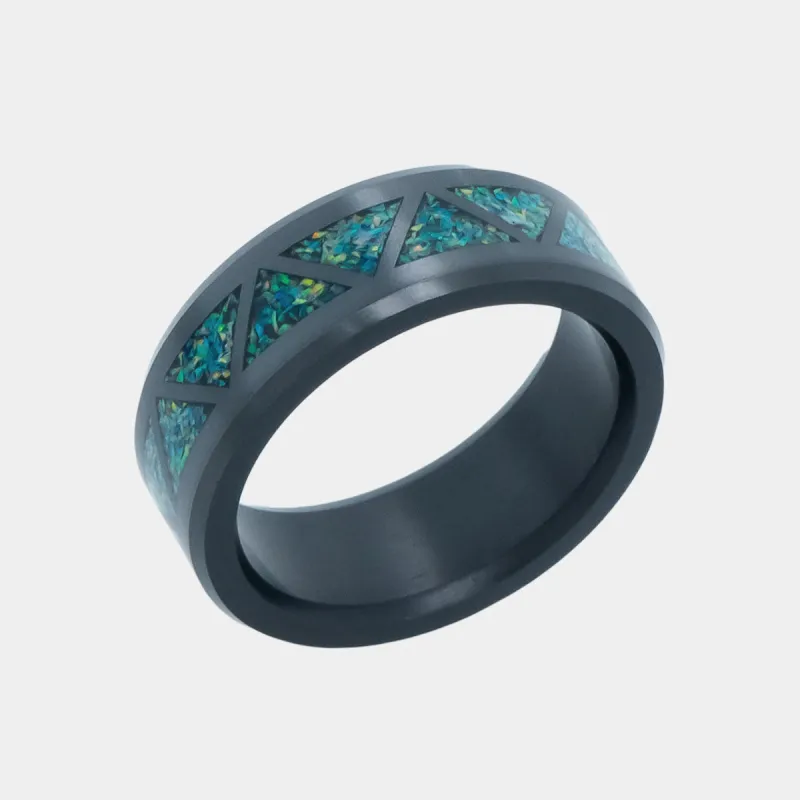 Black Diamond - Men’s Ring 8mm - Blue Dragon Opal Triangle Pattern Inlay - ARES - Elysium Black Diamond sold by Elysium Black Diamond