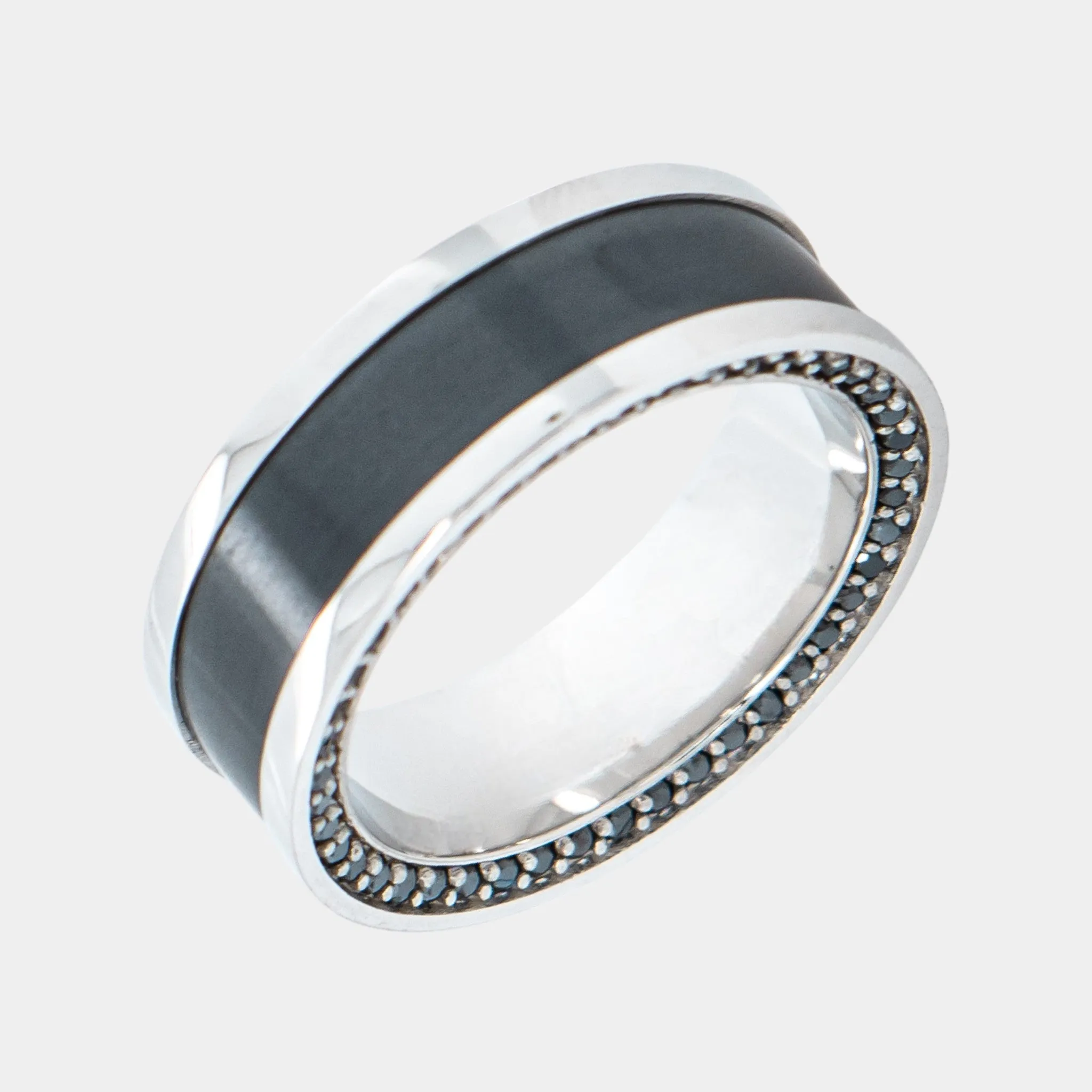 ZEUS 8mm - Size 9.5 - Platinum Band w Polished Black Diamond inlay and Black Diamond Insets - SHIPS WITHIN 2 BUSINESS DAYS sold by Elysium Black Diamond