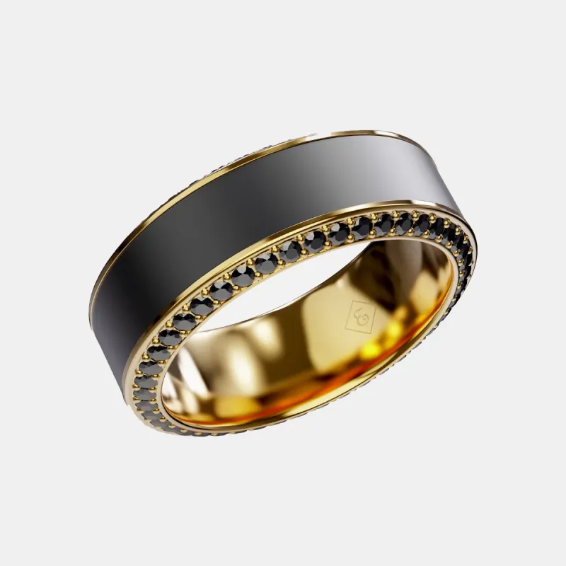 HELIOS - 8mm - Size 9 - 14K Yellow Gold Band w Black Diamond inlay and Diamond Insets Polished Finish - SHIPS WITHIN 2 BUSINESS DAYS sold by Elysium Black Diamond