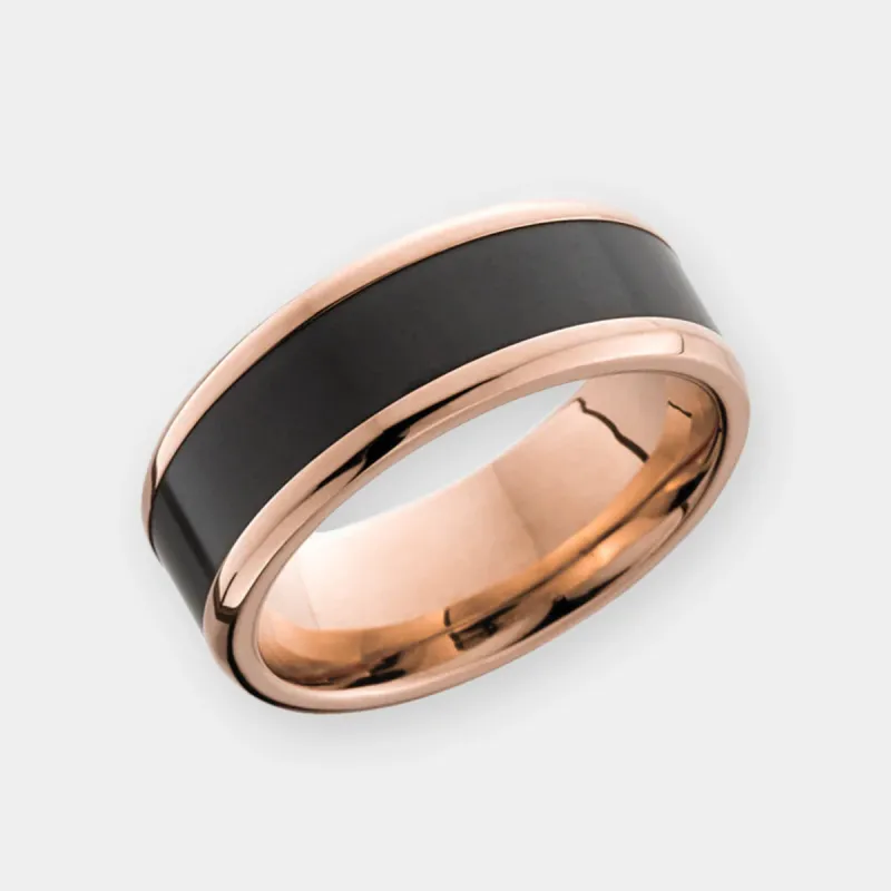 IMPERIUM 8mm - Size 10 - Polished Finish 14K Rose Gold w/ Black Diamond Inlay - SHIPS WITHIN 2 BUSINESS DAYS sold by Elysium Black Diamond