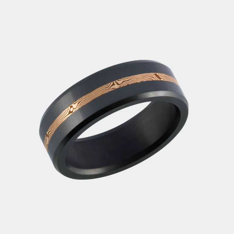 ARES 8MM - SIZE 10.5 - MATTE FINISH - 14K Rose Gold Mokume Inlay - SHIPS WITHIN 2 BUSINESS DAYS sold by Elysium Black Diamond