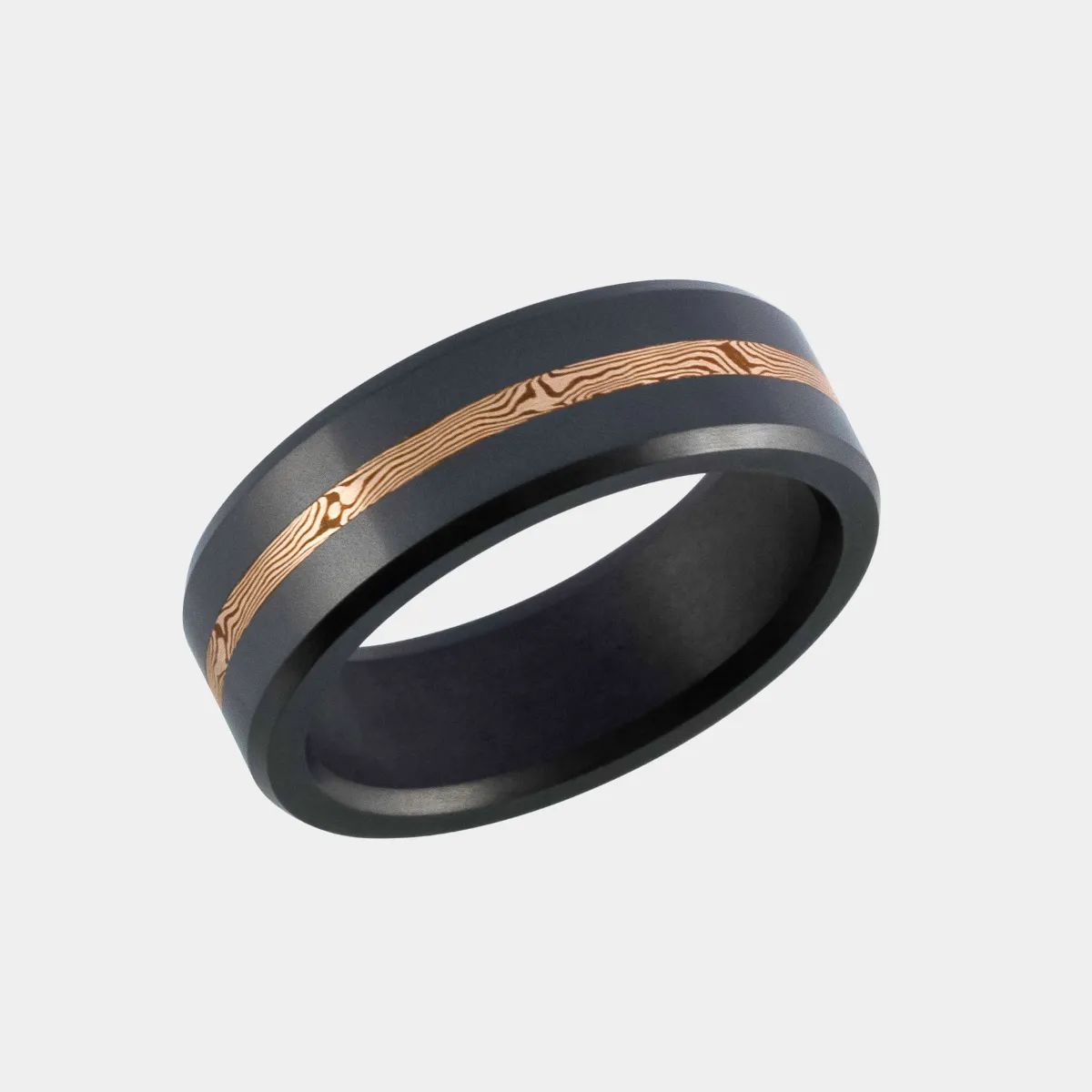 ARES 8MM - SIZE 10.5 - MATTE FINISH - 14K Rose Gold Mokume Inlay - SHIPS WITHIN 2 BUSINESS DAYS sold by Elysium Black Diamond