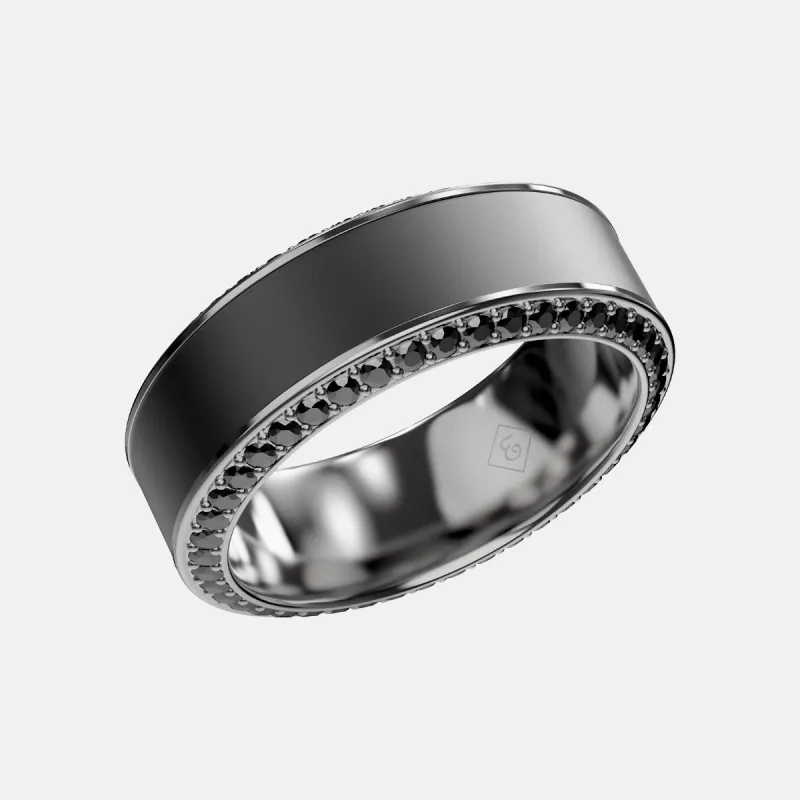 HELIOS - 8mm - Size 11 - Polished Finish - 18k White Gold Band w Black Diamond inlay and Diamond Insets - SHIPS WITHIN 2 BUSINESS DAYS sold by Elysium Black Diamond