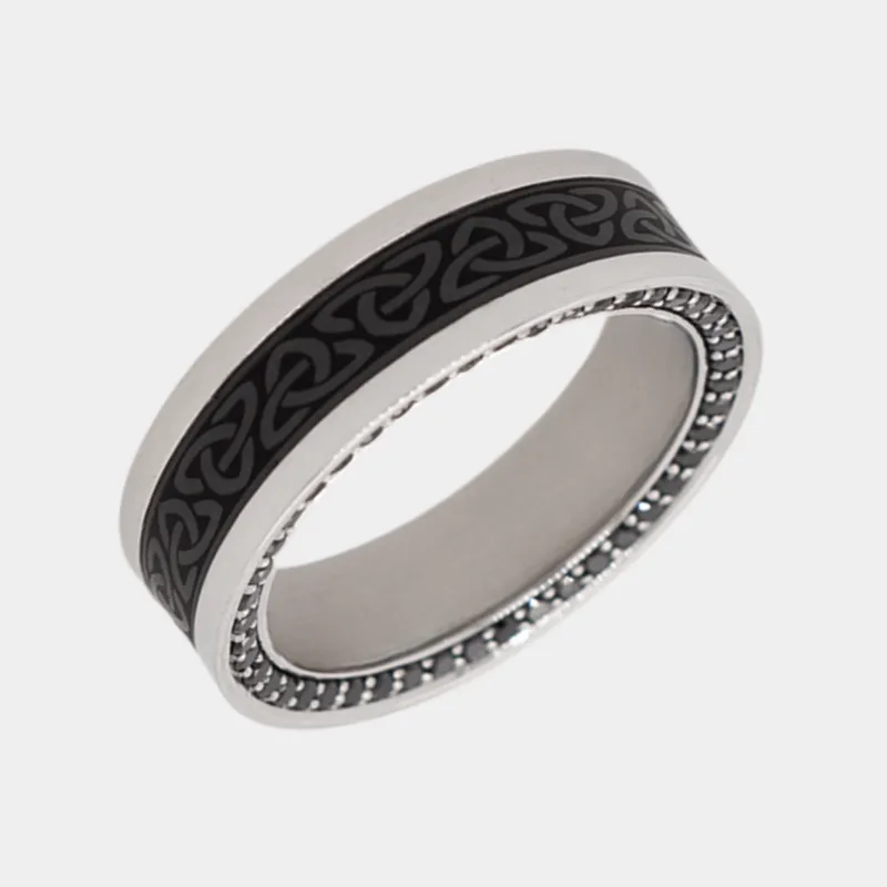 ZEUS 7mm - Size 10 - Satin Finish - Celtic Laser - Platinum Band with Black Diamond Inlay and Black Diamond Insets  - SHIPS WITHIN 2 BUSINESS DAYS sold by Elysium Black Diamond