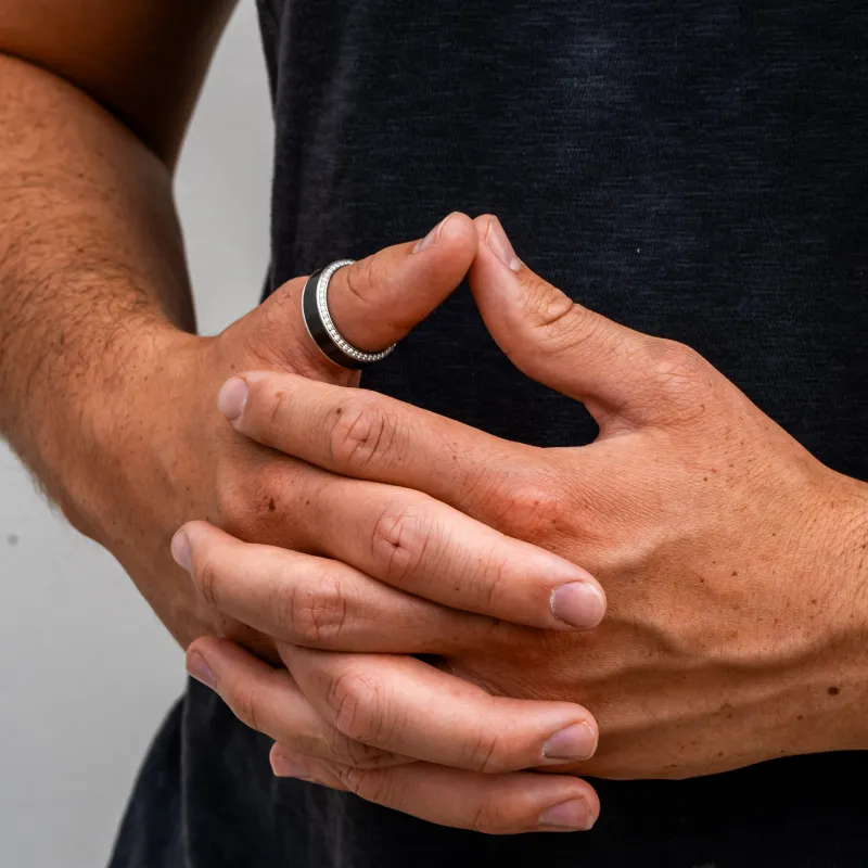 HELIOS - 8mm - Size 12.5 - Polished Finish - Platinum Band w/ Black Diamond Inlay and White Diamond Insets - SHIPS WITHIN 2 BUSINESS DAYS sold by Elysium Black Diamond