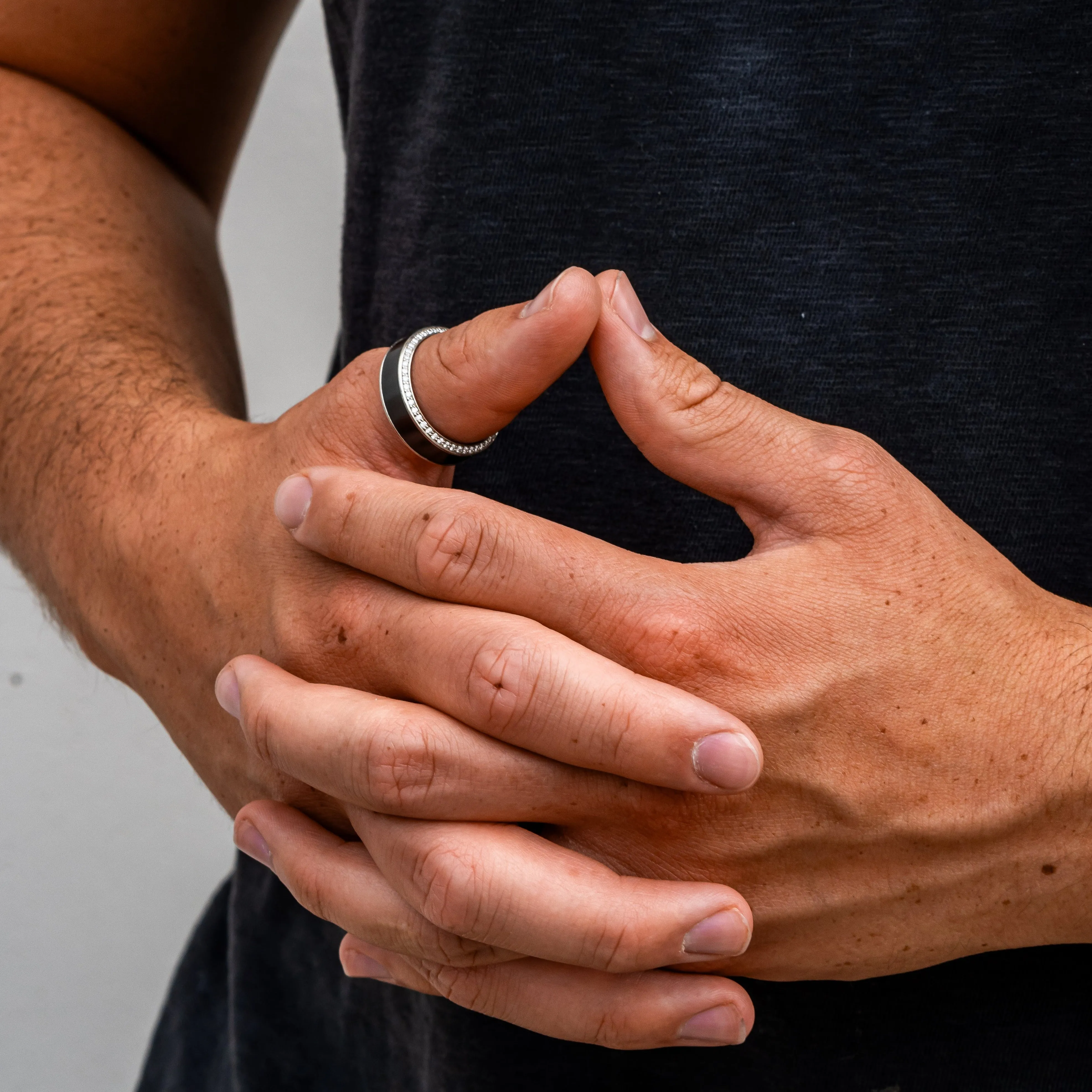 HELIOS - 8mm - Size 12.5 - Polished Finish - Platinum Band w/ Black Diamond Inlay and White Diamond Insets - SHIPS WITHIN 2 BUSINESS DAYS sold by Elysium Black Diamond