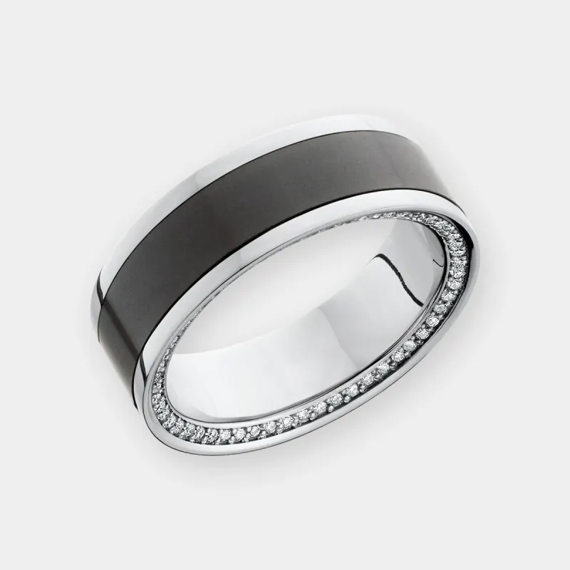 ZEUS 8mm - Size 6.5 - Polish - 18k White Gold Band w Black Diamond inlay and Diamond Insets - SHIPS WITHIN 2 BUSINESS DAYS made by Elysium Black Diamond