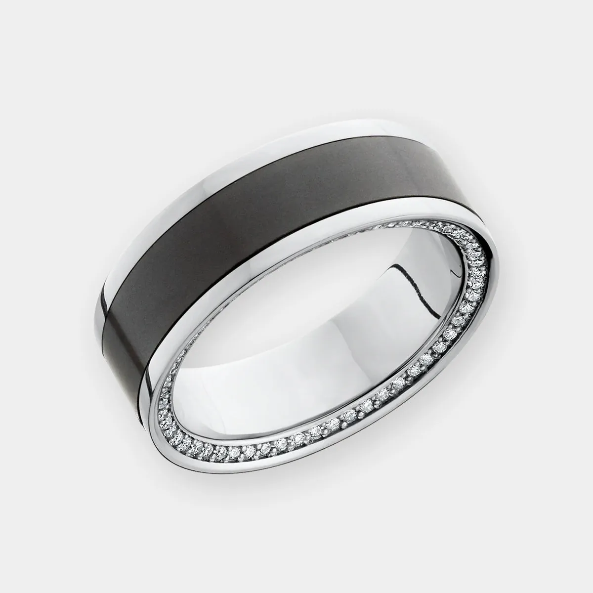 ZEUS 8mm - Size 6.5 - Polish - 18k White Gold Band w Black Diamond inlay and Diamond Insets - SHIPS WITHIN 2 BUSINESS DAYS sold by Elysium Black Diamond