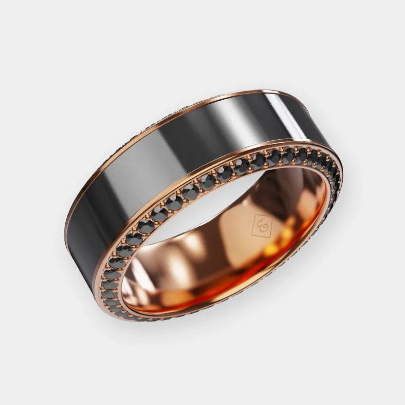 HELIOS - 8mm - Size 10.5 - Matte Rose Gold Band w Black Diamond inlay and Diamond Insets - SHIPS WITHIN 2 BUSINESS DAYS made by Elysium Black Diamond