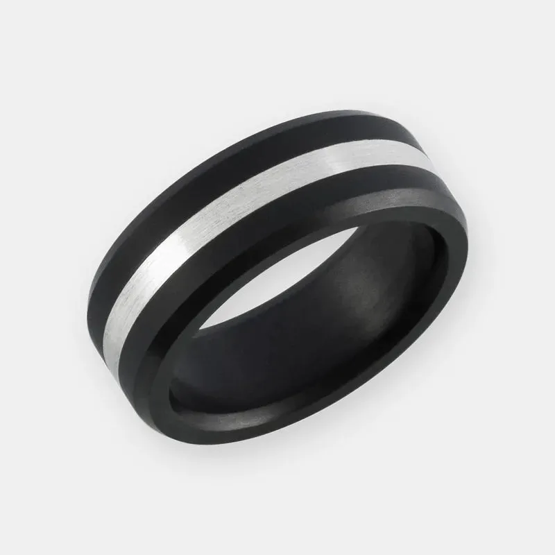 Black Diamond - Men’s Ring 8mm - Platinum Inlay - ARES - Elysium Black Diamond sold by Elysium Black Diamond