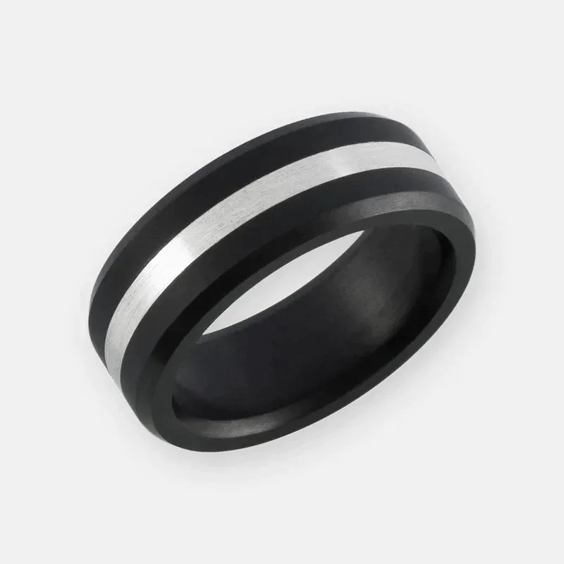 ARES - 8mm - Size 8 - Polished Finish - Platinum Inlay - SHIPS WITHIN 2 BUSINESS DAYS sold by Elysium Black Diamond
