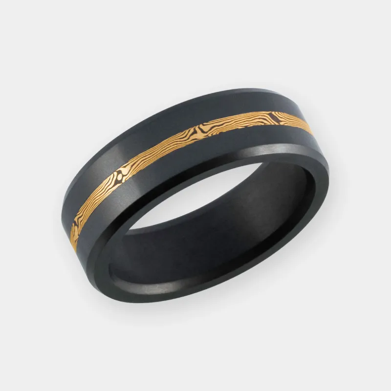 KRATOS - 8mm - Size 8 - Polished Finish - 14k Yellow Gold Mokume Inlay - SHIPS WITHIN 2 BUSINESS DAYS sold by Elysium Black Diamond