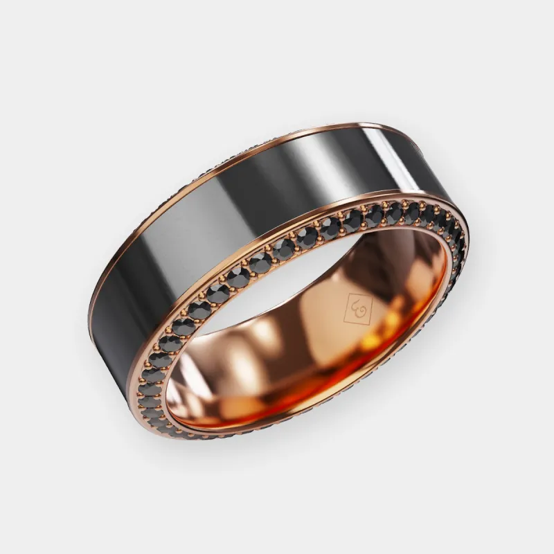 Black Diamond - Men’s Ring 8mm - Rose Gold Band w/ Black Diamond inlay and Diamond Insets - HELIOS - Elysium Black Diamond sold by Elysium Black Diamond