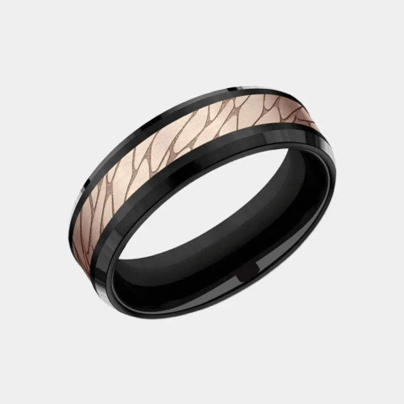 Men's Wedding Band | The Dino | Black Titanium with 14K Rose Gold | Elysium sold by Elysium Black Diamond