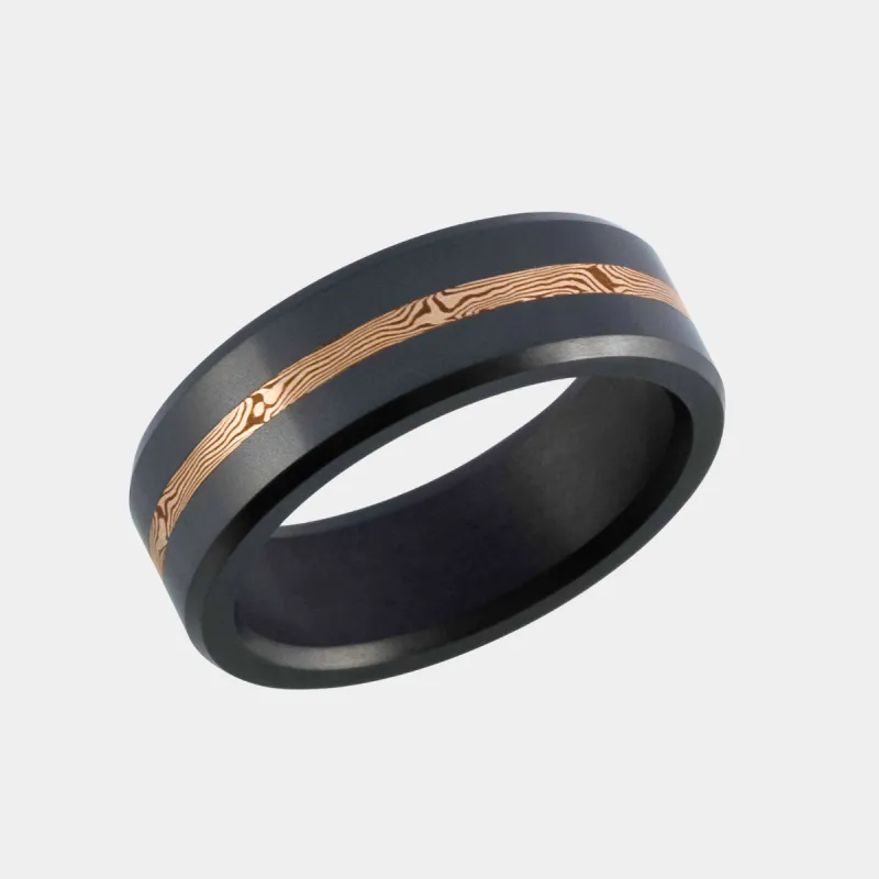 ARES 8MM - Size 9.5 - Satin Finish - 14K Rose Gold Mokume Inlay - SHIPS WITHIN 2 BUSINESS DAYS sold by Elysium Black Diamond