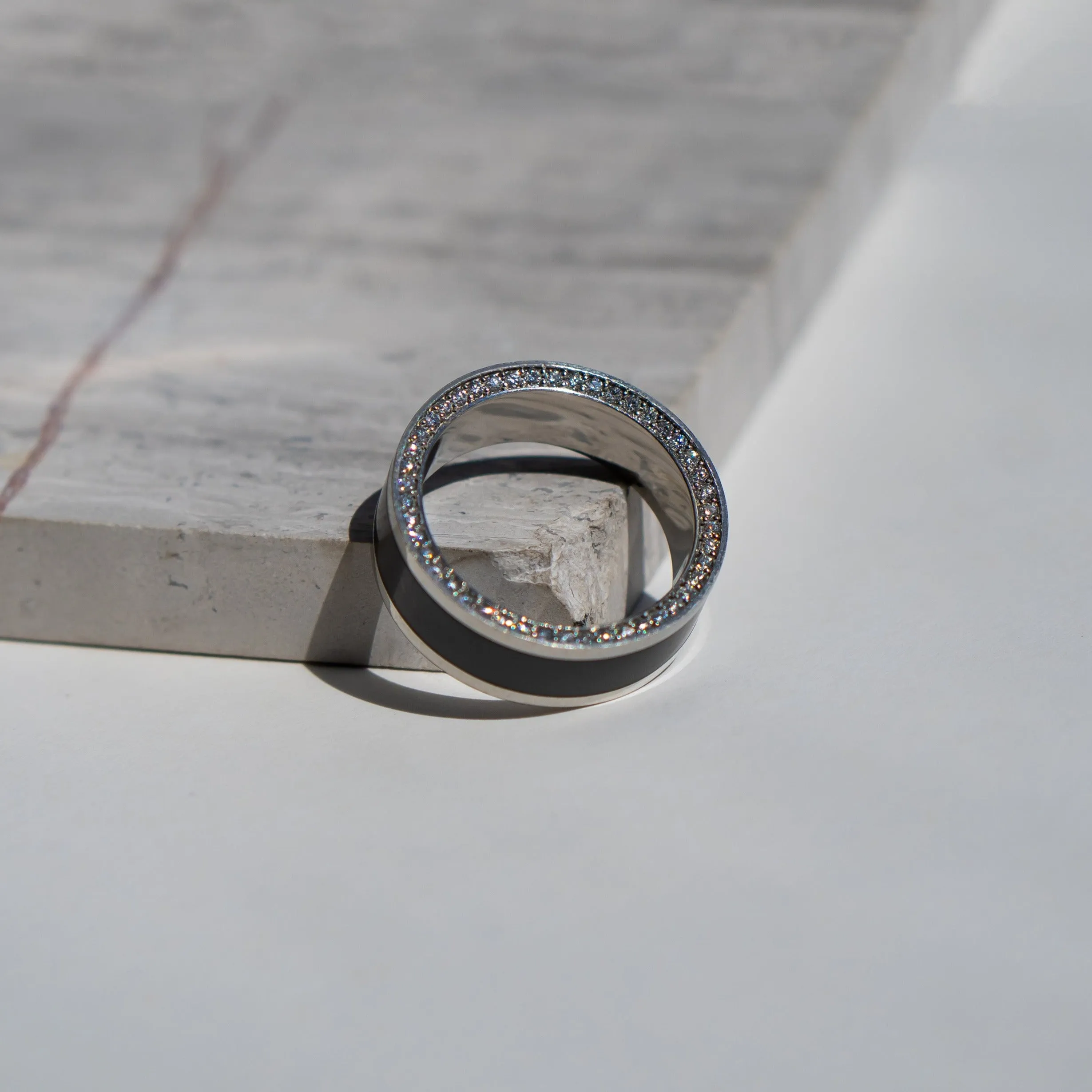 Black Diamond - Men’s Ring 8mm - White Gold Band w Black Diamond inlay and Diamond Insets - ZEUS - Elysium Black Diamond sold by Elysium Black Diamond product image thumbnail 4